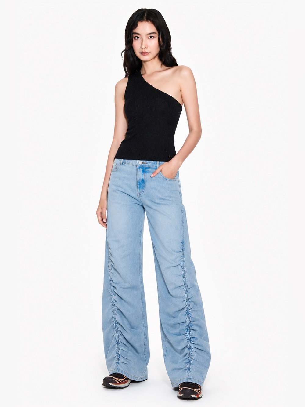 PacSun Light Wash Ruched Wide Leg Jeans Medium Y2K Skater Drawstring